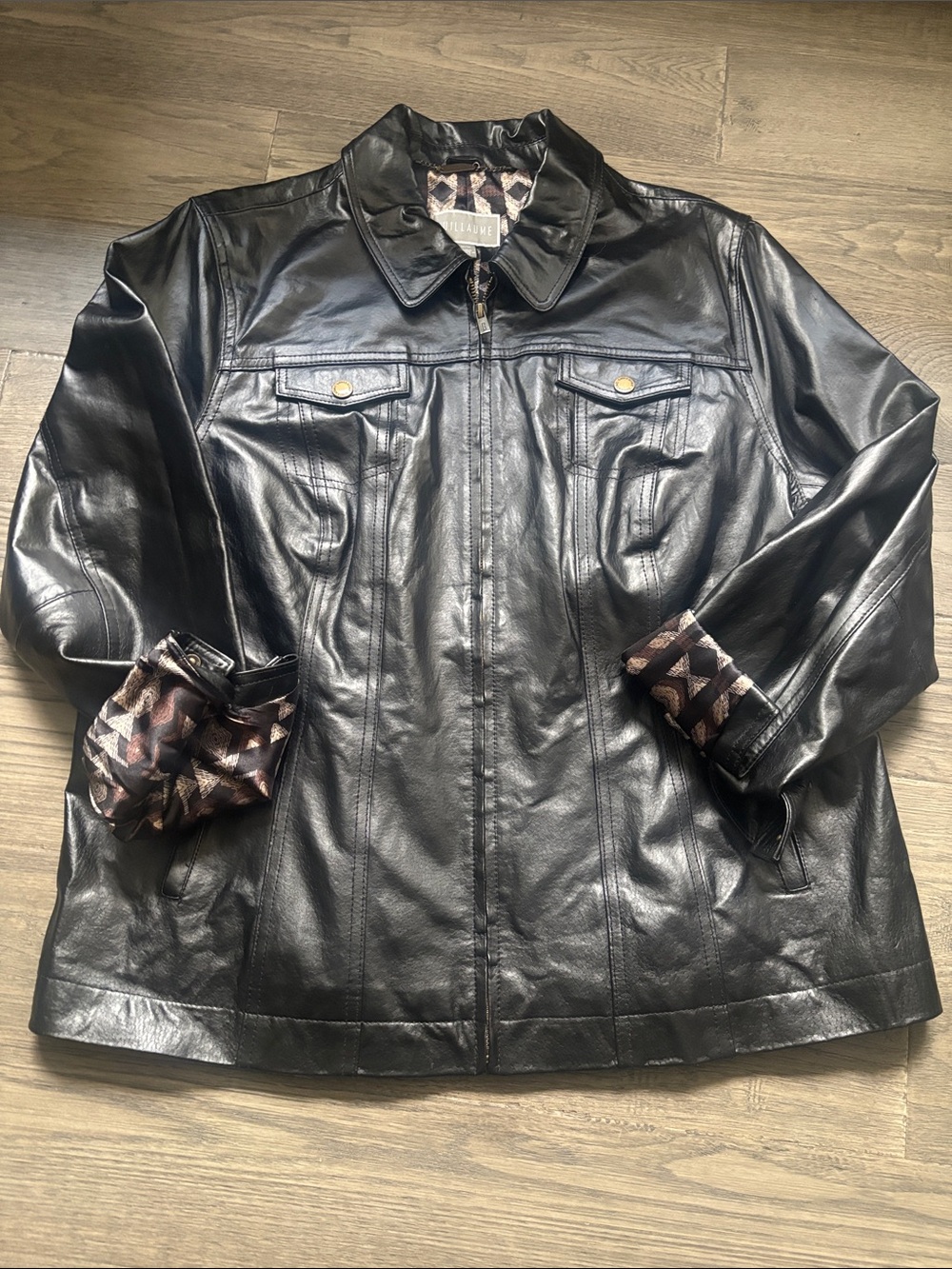 Guillaume | Classic Black 100% Leather Zip Jacket with Patterned Detail Size 1X